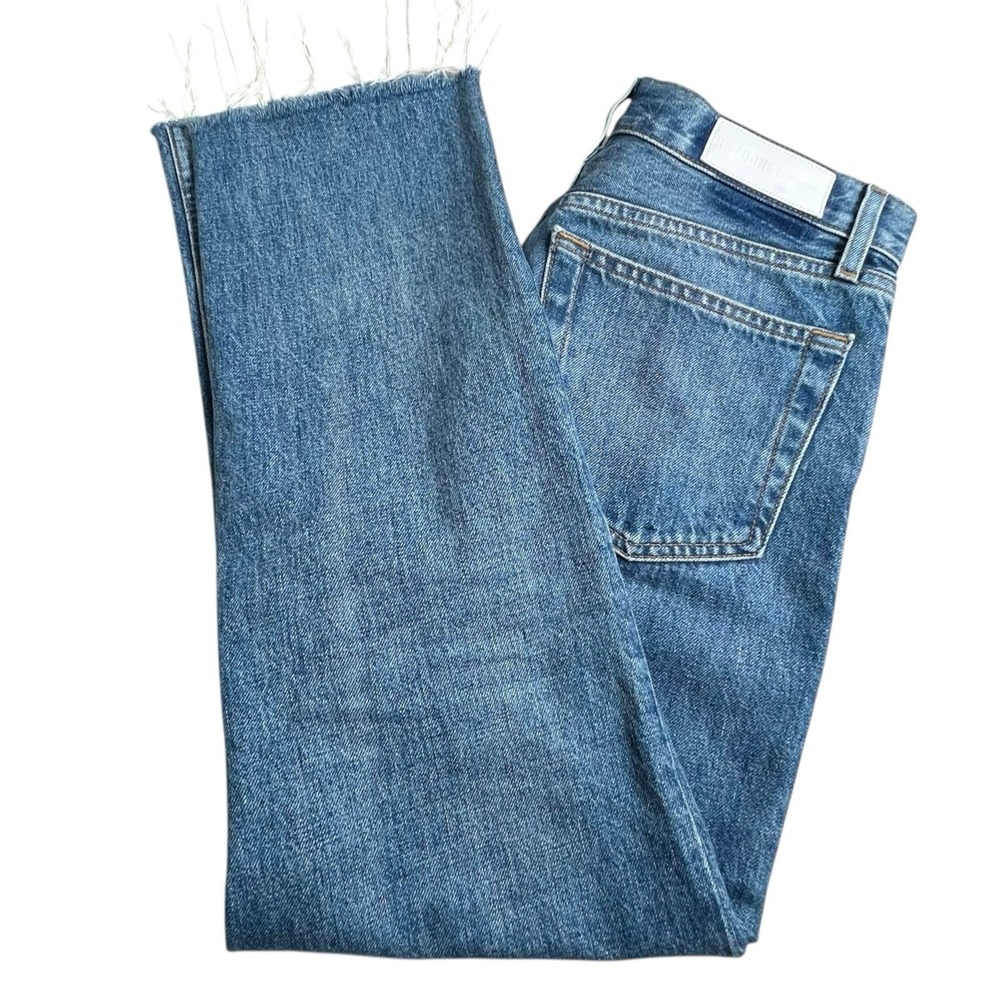 Re/Done Womens 26 High Rise Stove Pipe Medium Vain Wash Jeans Button Fly Raw Hem
